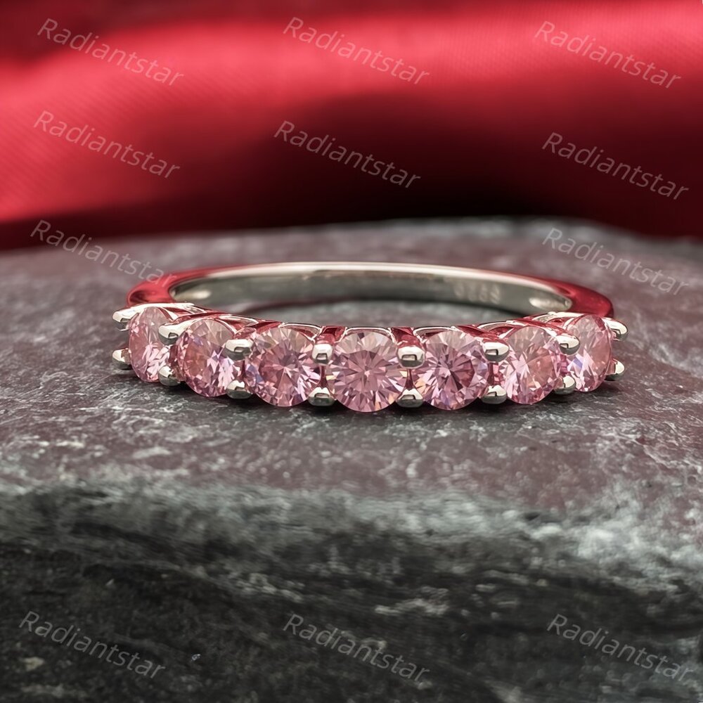 NEW Certified 3mm Pink Moissanite 7 Stone Half Eternity Band Ring